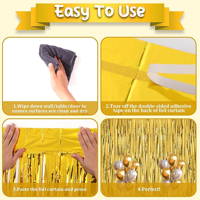 2 Pack Gold Foil Fringe Backdrop Curtains, Tinsel Streamers Birthday Party - Image 4