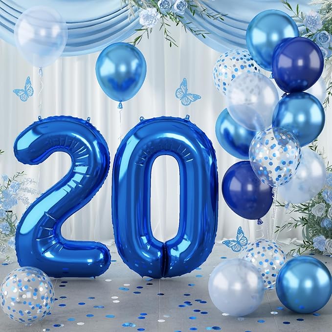 Dark Blue 20" Number 20 Balloon, Metallic Light Navy Blue Silver Confetti by Lingqiang