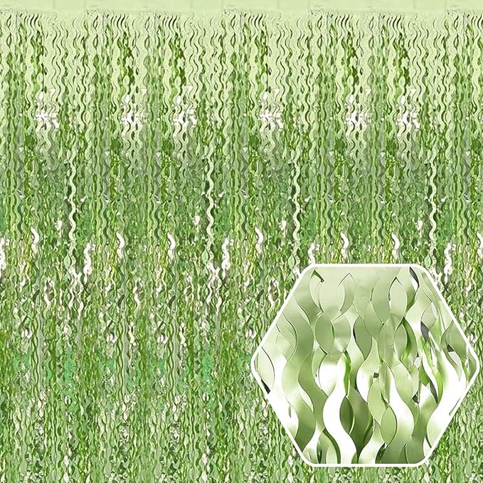 4 Pack Light Green Wave Foil Fringe Curtain Backdrop, 3.28Ft x 8.2Ft Metallic by Ferwzsr
