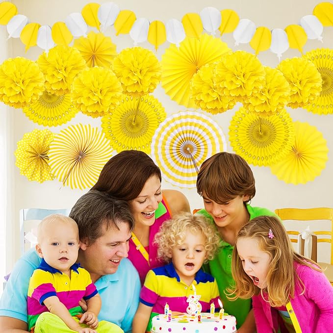 Yellow Party Decorations, Papar Fans Pompoms Fans Garlands - Image 6