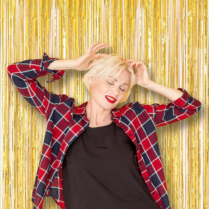 2 Pack Laser Gold Foil Fringe Backdrop Curtains, Tinsel Streamers Birthday - Image 7
