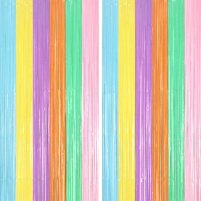 2 Pack Pastel Rainbow Foil Fringe Backdrop Curtains, Tinsel Streamers Party by Voircoloria