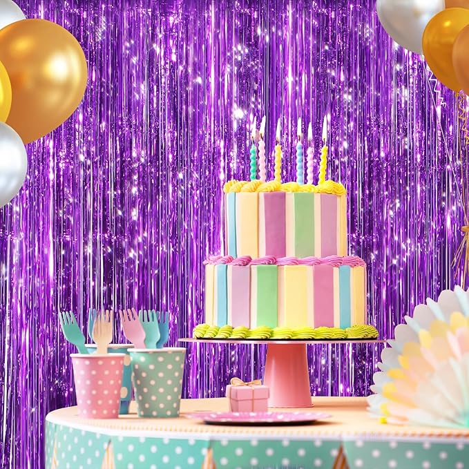 2 Pack Purple Metallic Tinsel Foil Fringe Curtains, Door Streamers Photo Booth - Image 5