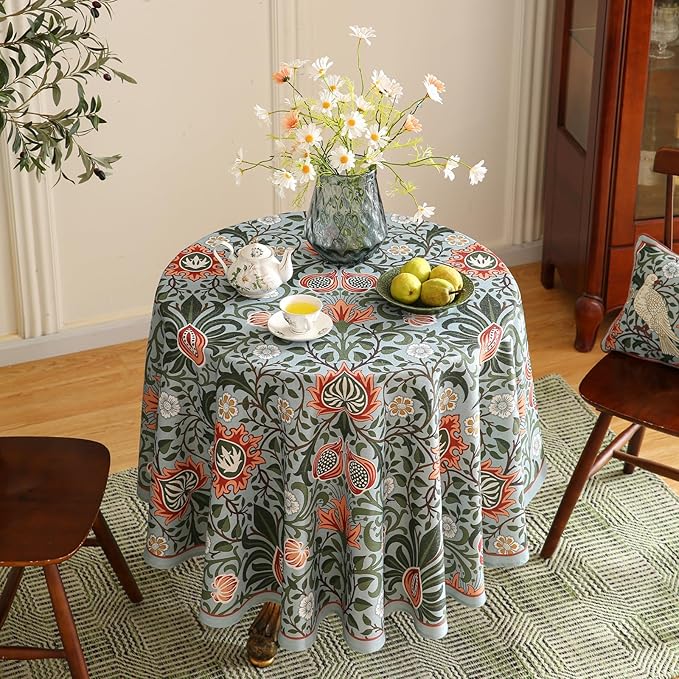 ISAENNE Designer Bohemian Linen Green Round Tablecloth, Floral Indoor Table - Image 7