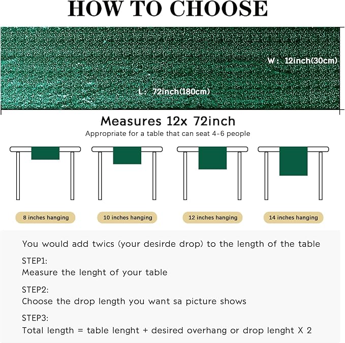 6 Packs 12 x 72 inches Sequin Table Runner, Hunter Green Glitter Table Runner - Image 4