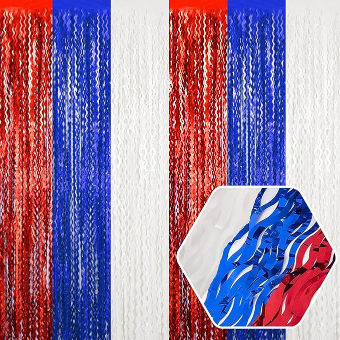 4 Pack White Blue Red Wave Foil Fringe Curtain Backdrop, 3.28Ft x 8.2Ft by Ferwzsr
