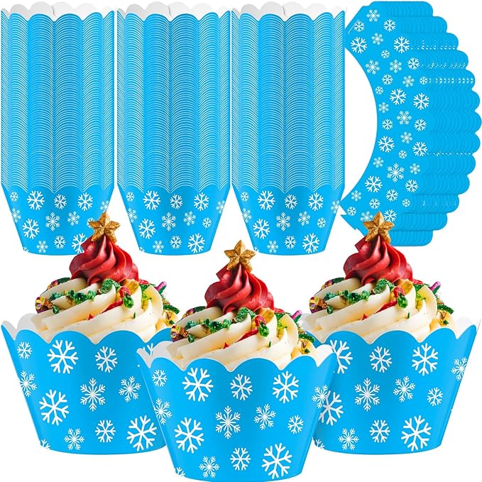 Domensi 100 Pcs Snowflake Cupcake Wrappers Blue Cupcake Liners Christmas Blue by Domensi