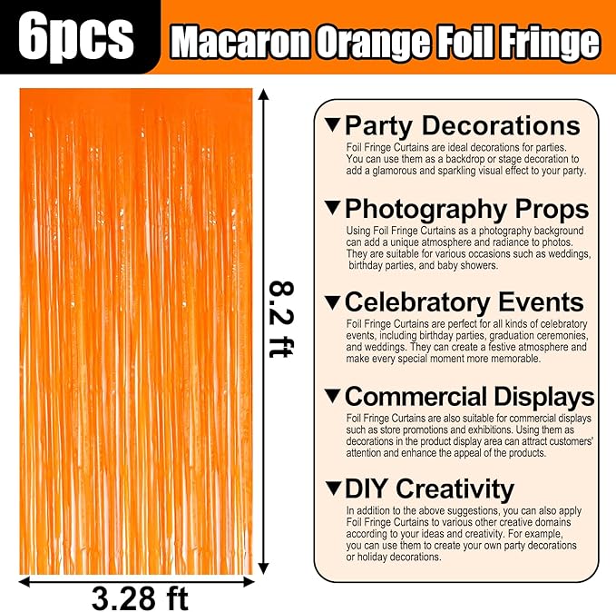 6 Pack Macaron Orange Foil Fringe Curtain Backdrop, 3.28Ft x 8.2Ft Metallic - Image 2