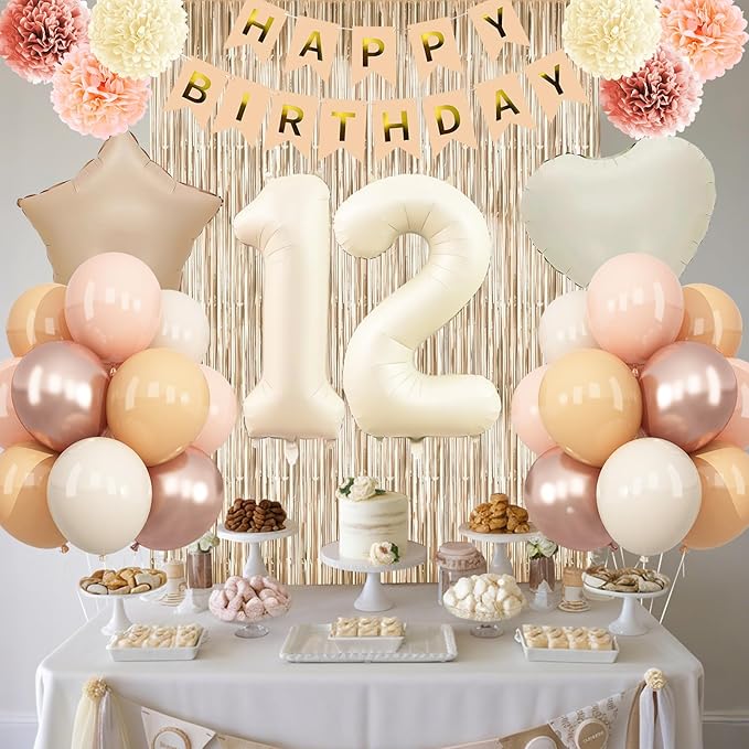 Beige 12th Birthday Decorations Girls Boys Cream Number 12 Balloon Nude Gold - Image 2