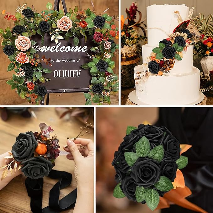 AmyHomie Artificial Flowers Black Rose 25pcs Real Looking Fake Roses w/Stem - Image 4