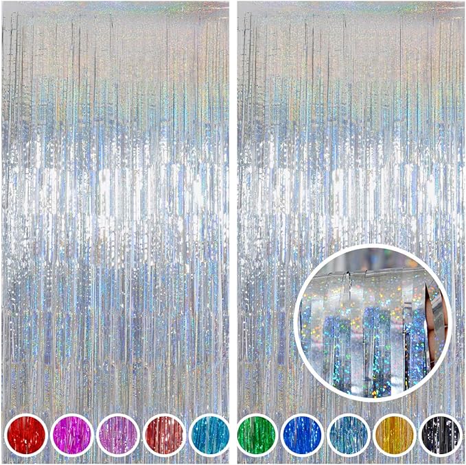 Melsan Foil Curtain, 2 Pack 3.2 ft x 8.2 ft Silver Tinsel Foil Fringe Curtains by Melsan