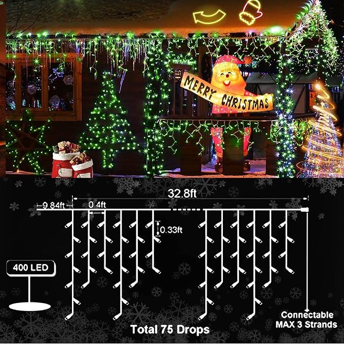 KNONEW Christmas Lights Outdoor Decorations 400 LED 33ft 8 Modes Curtain Fairy - Image 6