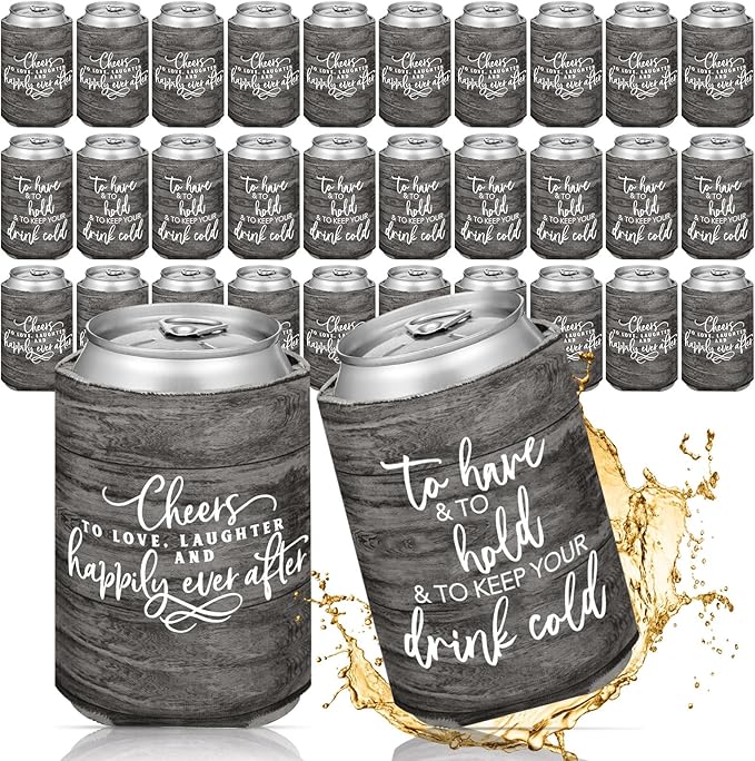 50 Pieces Wood Grain Wedding Can Cooler Sleeves Bulk Engagement Party Favors by Qinyoung