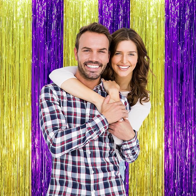 3 Pack 3.3 x 8.2 ft Purple and Gold Foil Fringe Backdrop Curtains, Tinsel - Image 7