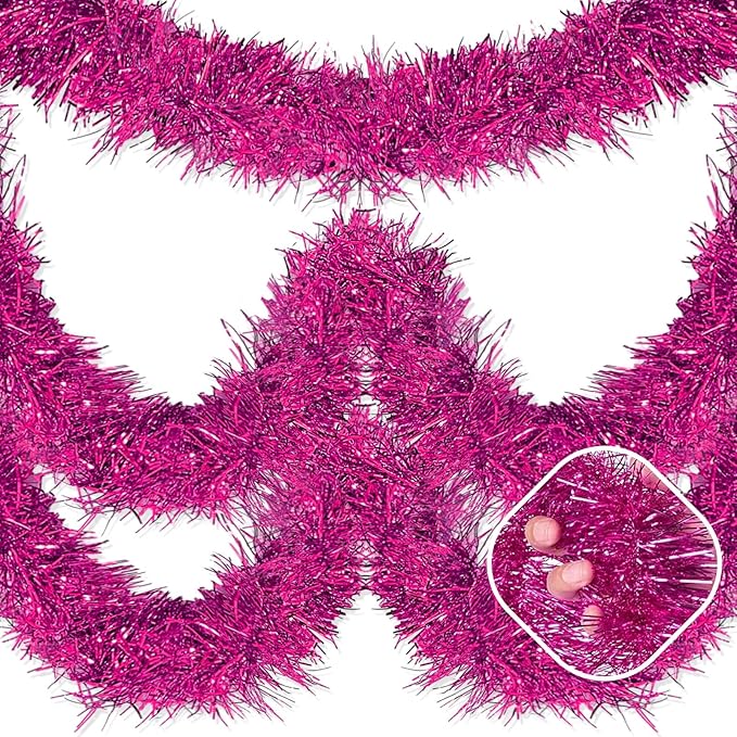 25 Feet Fuchsia Christmas Tinsel Garland, Metallic Foil Twist Garland Wall by AIKENLIN