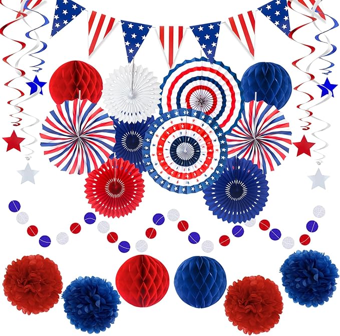 24PCS Patriotic Decorations 4th of July Decorations Set Red White Blue Hanging by YIOTJUNL