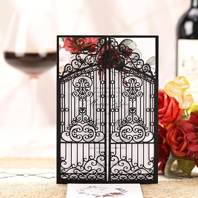 50Pcs Wedding Invitation Kit Black Fences Fold Laser Cut Invitation Pocket - Image 6