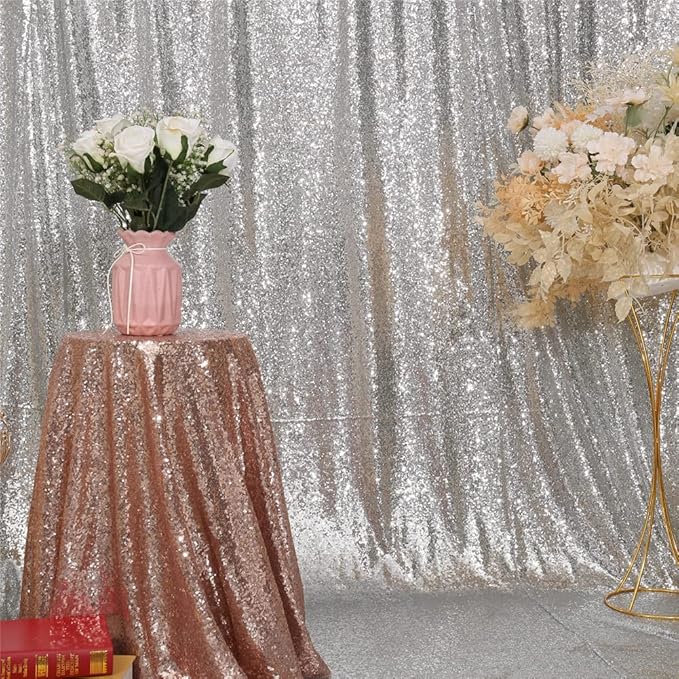 SquarePie Sequin Backdrop 10FT x 10FT Silver Curtain Background Wedding Party - Image 4