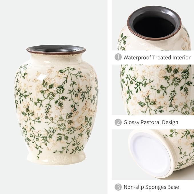 Vintage Green and Beige Vase, Round Ceramic Floral Vases, Retro Ice Cracked - Image 4