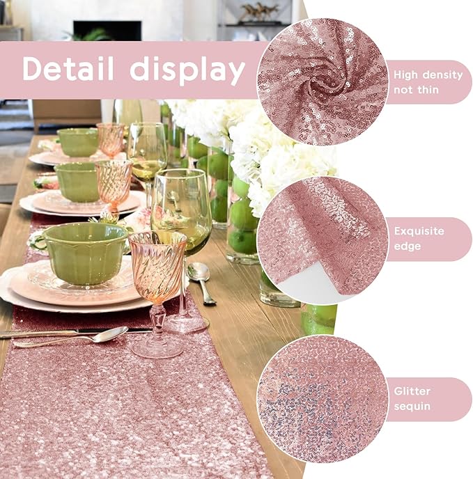 2 Packs 12 x 72 inches Sequin Table Runner, Rose Gold Glitter Table Runner - Image 4