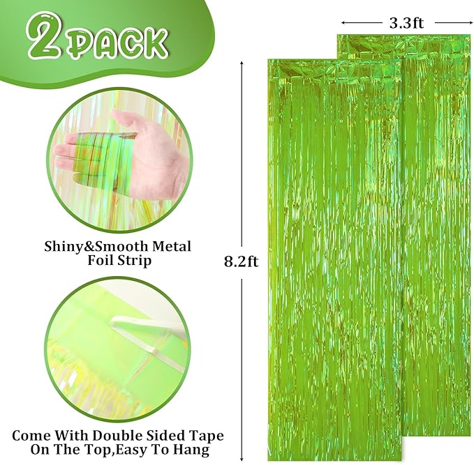 2 Pack 3.3x8.2 Feet Neon Green Foil Fringe Backdrop Curtains, Tinsel Streamers - Image 3