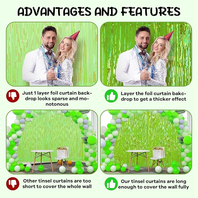 2 Pack 3.3x8.2 Feet Neon Green Foil Fringe Backdrop Curtains, Tinsel Streamers - Image 5