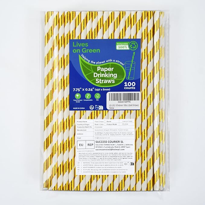 7.75 inch Gold/White Striped Paper Straws - Image 9