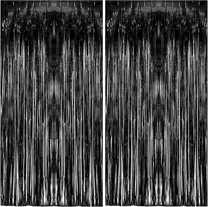 2 Pack Foil Curtain Backdrop Black Metallic Tinsel Foil Fringe Curtains Photo by KEJ