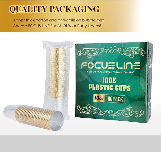 FOCUSLINE 10 oz Gold Plastic Cups, Disposable Clear Fancy Hard Plastic Cups - Image 7