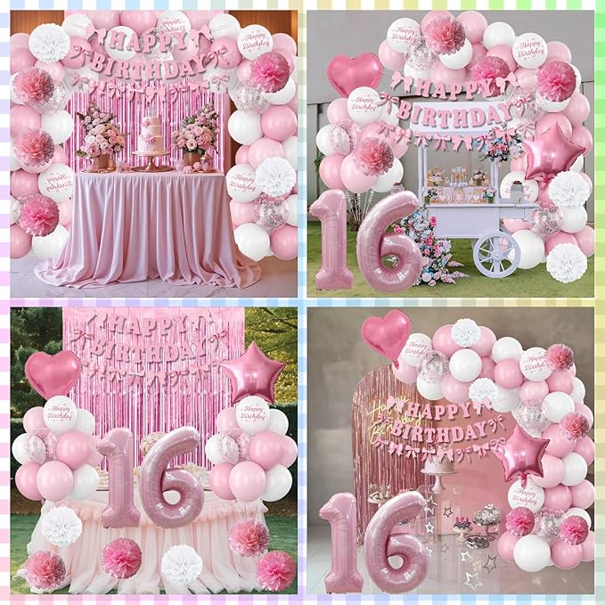 16th Birthday Decorations for Girls Pink Number 16 Balloon Bow Coquette Happy - Image 5