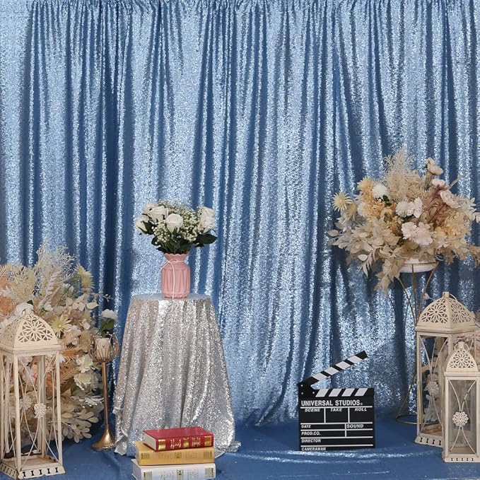Juya Delight 2Pcs 2ftx8ft Baby Blue Shimmer Sequin Backdrop Curtains - Image 2
