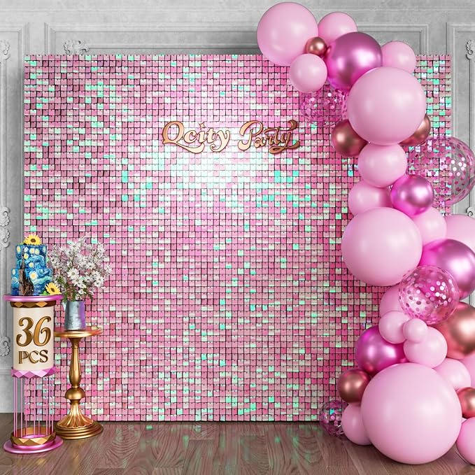 Qcity Iridescent Pink Shimmer Wall Backdrop 36PCS, Square Sequin Glitter by QCITY
