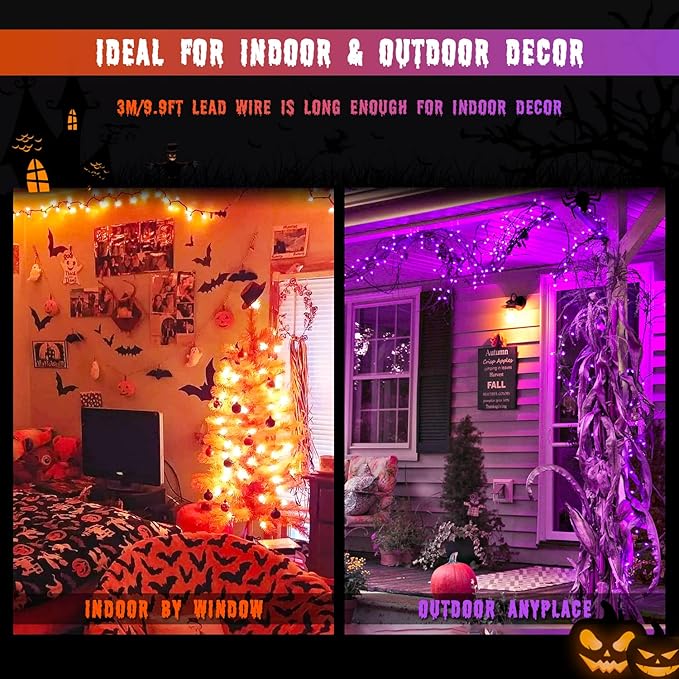 JMEXSUSS Orange and Purple Solar Halloween Lights, 2 Pack 100 Led Color - Image 4
