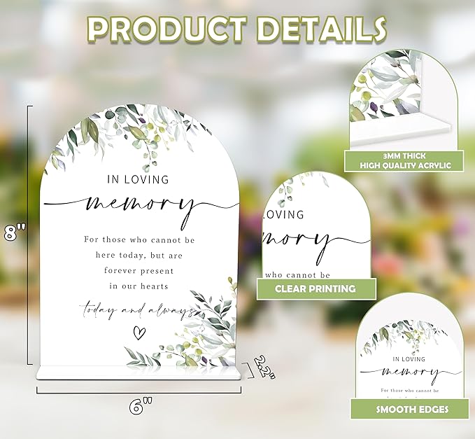 Greenery In Loving Memory Sign, 6 x 8 Inch White Arch Acrylic Wedding Sign - Image 2