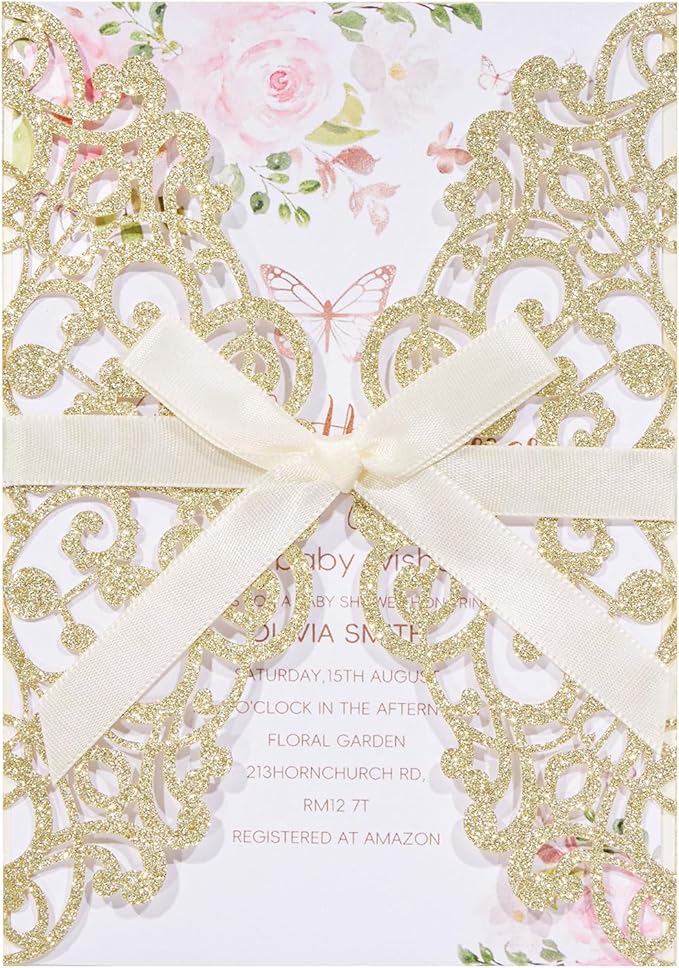 50Pcs Gold Glitter Laser Cut Wedding Invitation by Maffily