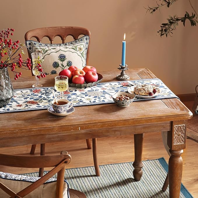 patdrea Designer Blue Cottage Rustic Floral Patterned Linen Table Runner 102 - Image 6