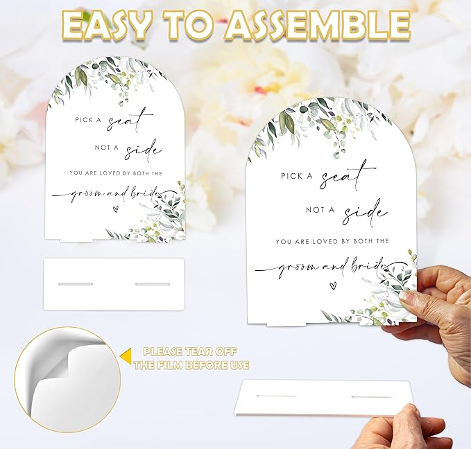 Greenery Pick a Seat Not a Side Sign, 6 x 8 Inch White Arch Acrylic Wedding Sign - Image 3