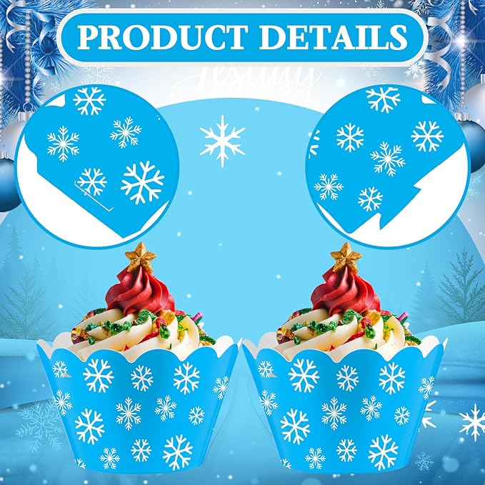 Domensi 100 Pcs Snowflake Cupcake Wrappers Blue Cupcake Liners Christmas Blue - Image 4