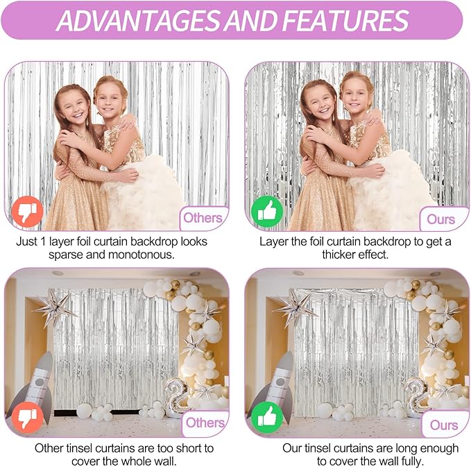 Crosize 4 Pack 3.3 x 9.9 ft Silver Foil Fringe Curtains Party Decorations - Image 3