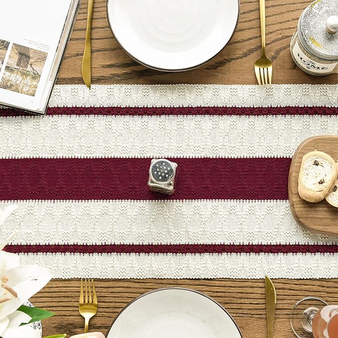 Artoid Mode Red Farmhouse Woven Rustic Table Runner, Seasonal Holiday Hollow - Image 3