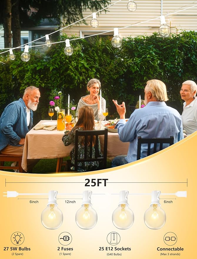 SUNSGNE 25FT Globe String Lights, G40 Outdoor String Lights - Image 2