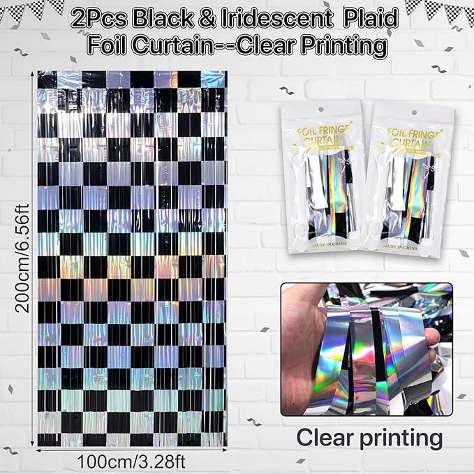 2 Pack 3.3Ft x 6.6Ft Race Car Checkered Foil Fringe Curtain Backdrop Decorations - Image 2