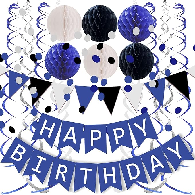 FECEDY Navy Blue White Black Happy Birthday Banner&Cute Flag Bunting Paper by FECEDY