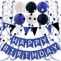 FECEDY Navy Blue White Black Happy Birthday Banner&Cute Flag Bunting Paper by FECEDY