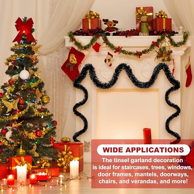 25 Feet Black Christmas Tinsel Garland, Metallic Foil Twist Banner Wall Hanging - Image 3