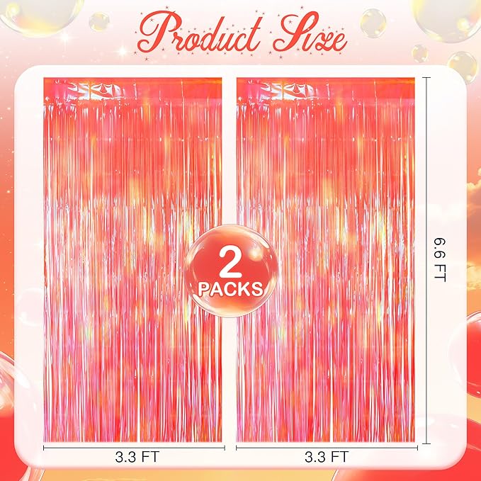 2 Pack Orange Party Streamers Backdrop Curtains, 3.3x8.2ft Holographic Tinsel - Image 2