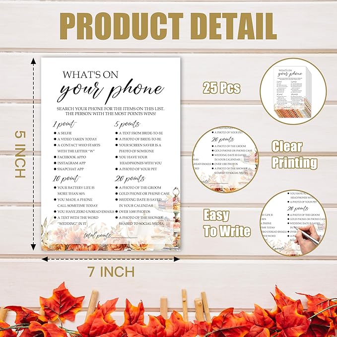Fall Bridal Shower Games Cards, What's On Your Phone Wedding Bachelorette Party - Image 2