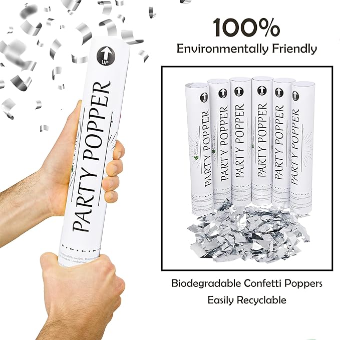 Confetti Cannon 12" – 6 Pack Silver Mylar Confetti Poppers | Party Poppers - Image 6