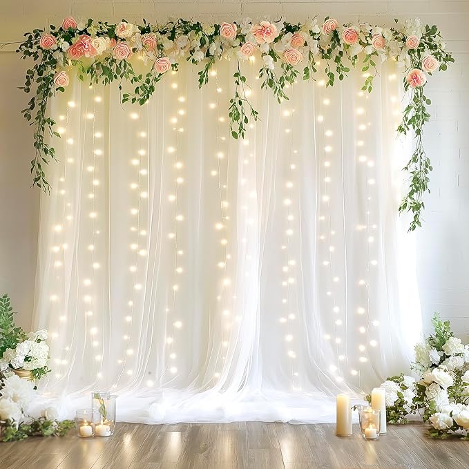 Tulle Backdrop Curtains with Lights String White 10FT X 8FT Sheer Curtain with by Fomcet