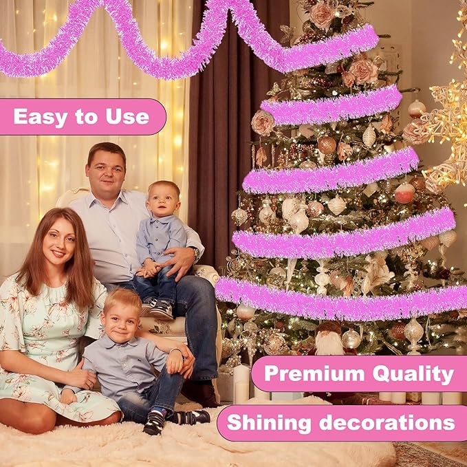 25 Feet Macaron Pink Christmas Tinsel Garland, Metallic Foil Twist Banner Wall - Image 4